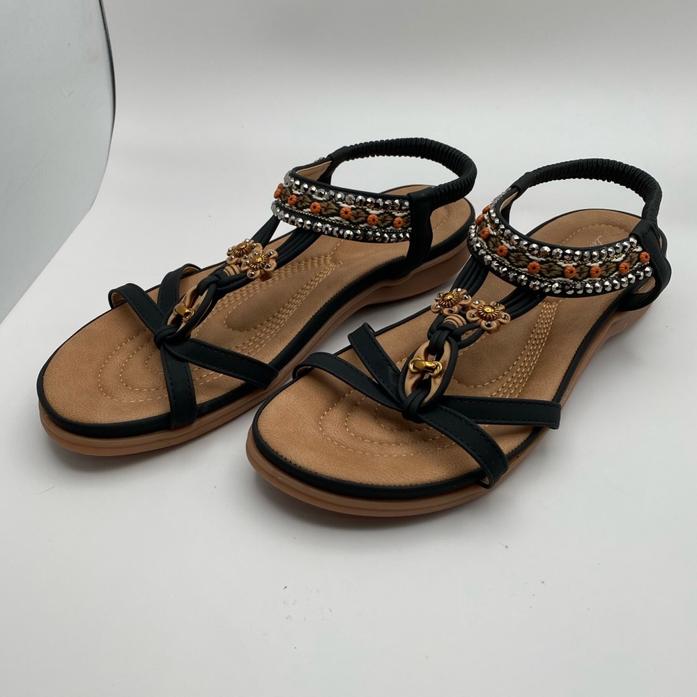 Littleplum Boho Beaded Embellished Thong Sandals Black & Tan Size 43 US 11 - Picture 3 of 8